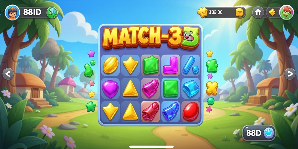 Screenshot gameplay 88ID menampilkan aksi mencocokkan elemen Match-3 yang seru.