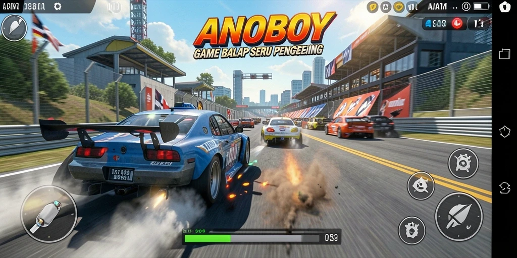 Tampilan gameplay seru di ANOBOY dengan aksi balap yang mendebarkan.