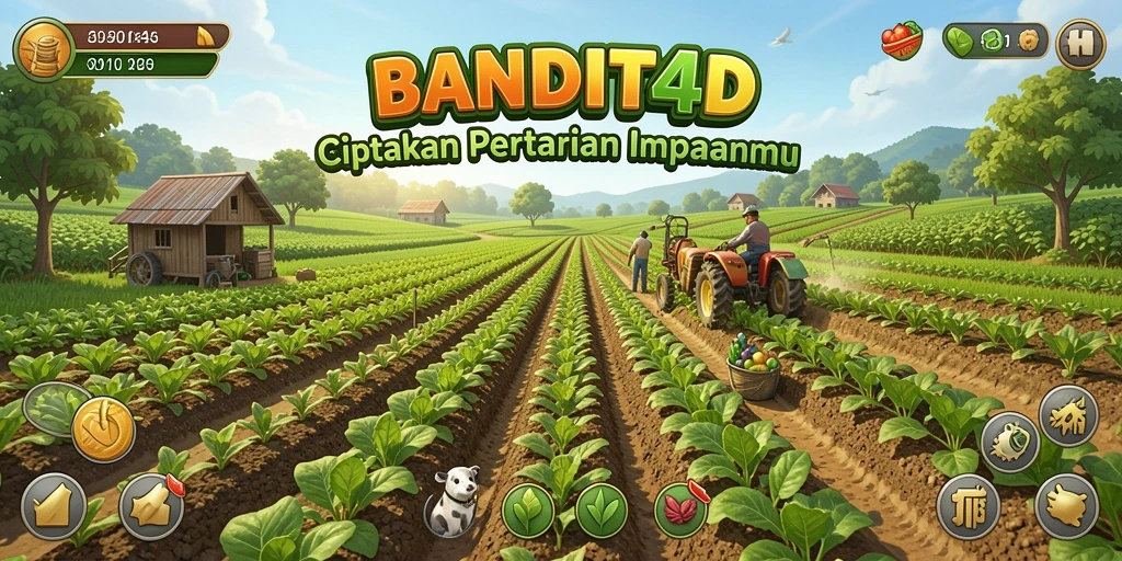 Tampilkan gameplay BANDIT4D dengan pertanian yang subur dan aktivitas petani.
