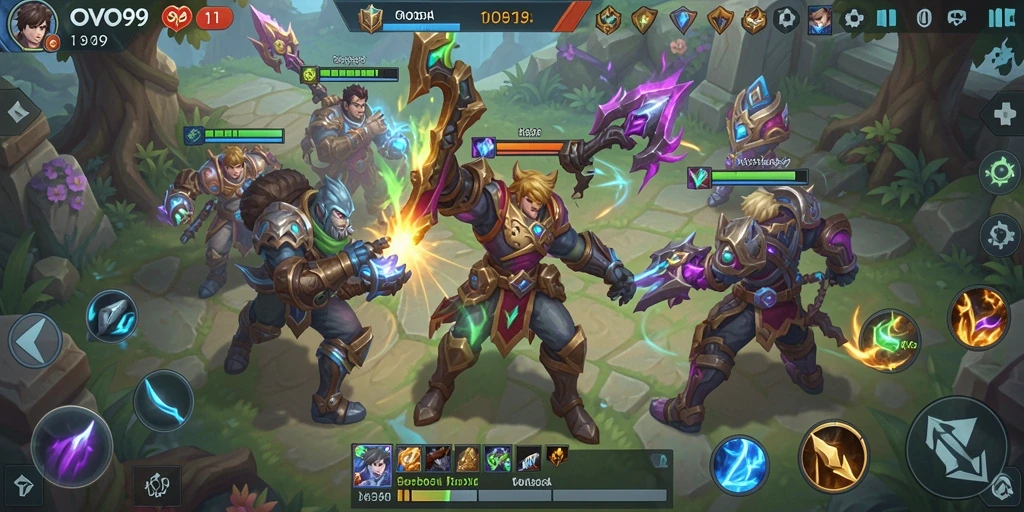 Tangkapan layar gameplay OVO99 menunjukkan aksi pertarungan yang seru di arena MOBA.