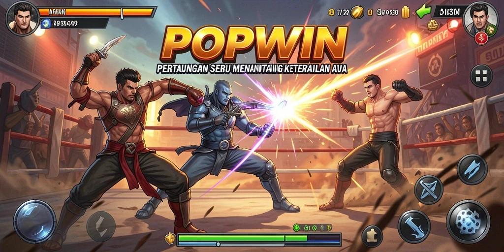Screenshot dari gameplay POPWIN yang menunjukkan pertarungan mendebarkan dan karakter yang kuat.