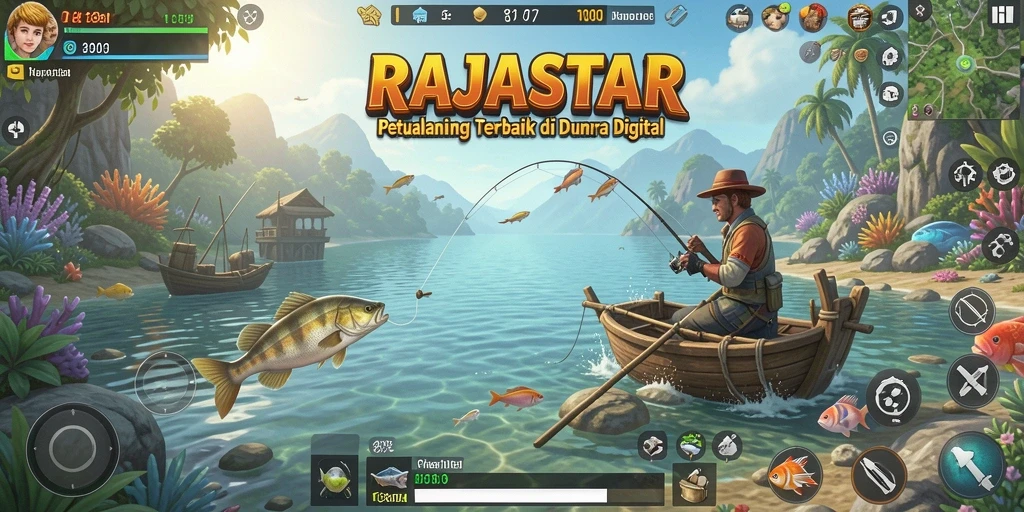Tampilan epik dari gameplay memancing di RAJASTAR dengan ikan yang beragam dan pemandangan alam.